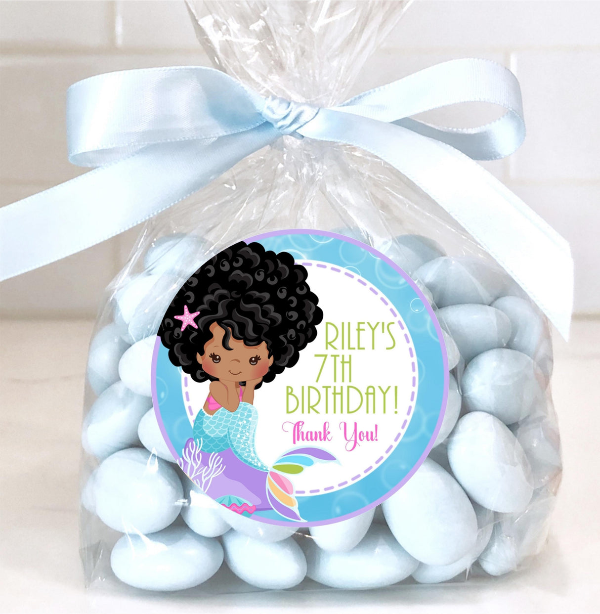 Brown mermaid birthday thank-you sticker with bubbly ocean theme