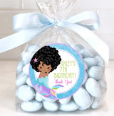 Brown mermaid birthday thank-you sticker with bubbly ocean theme