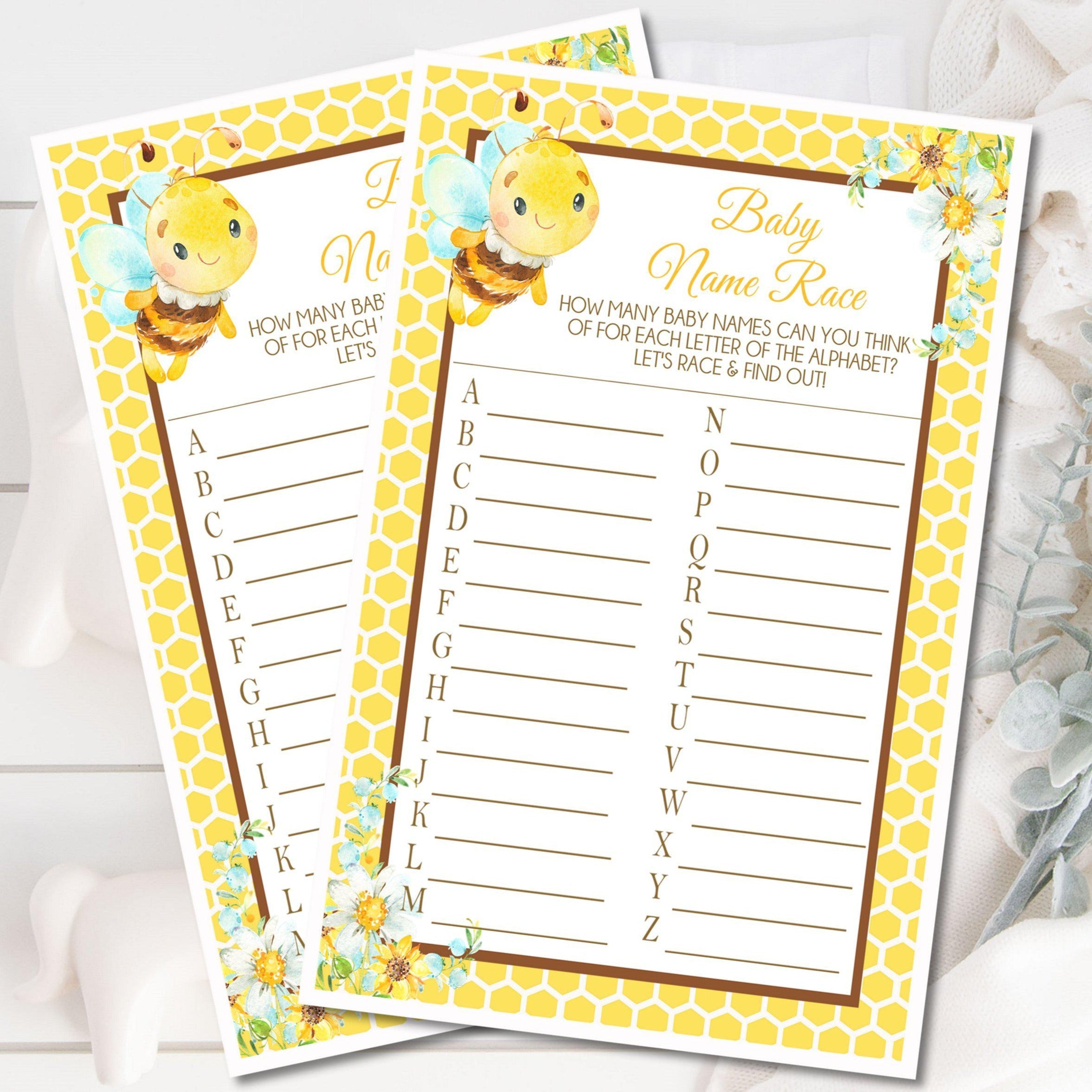 Bumble Bee Baby Shower Baby Name Race Cards