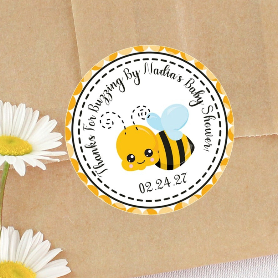 Bumble bee baby shower sticker with yellow border