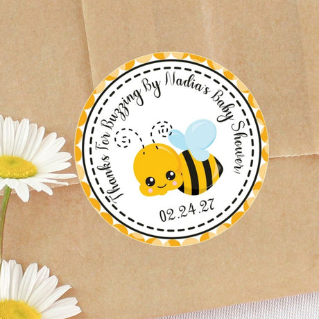 Bumble bee baby shower sticker with yellow border