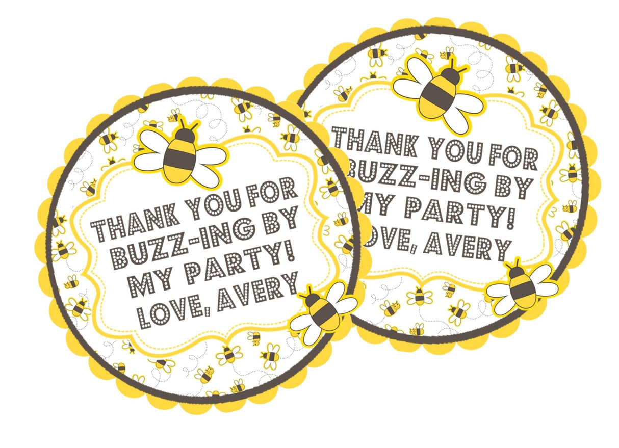 Bumblebee party favor label with dotted lettering and yellow bee illustrations.