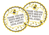 Bumblebee party favor label with dotted lettering and yellow bee illustrations.