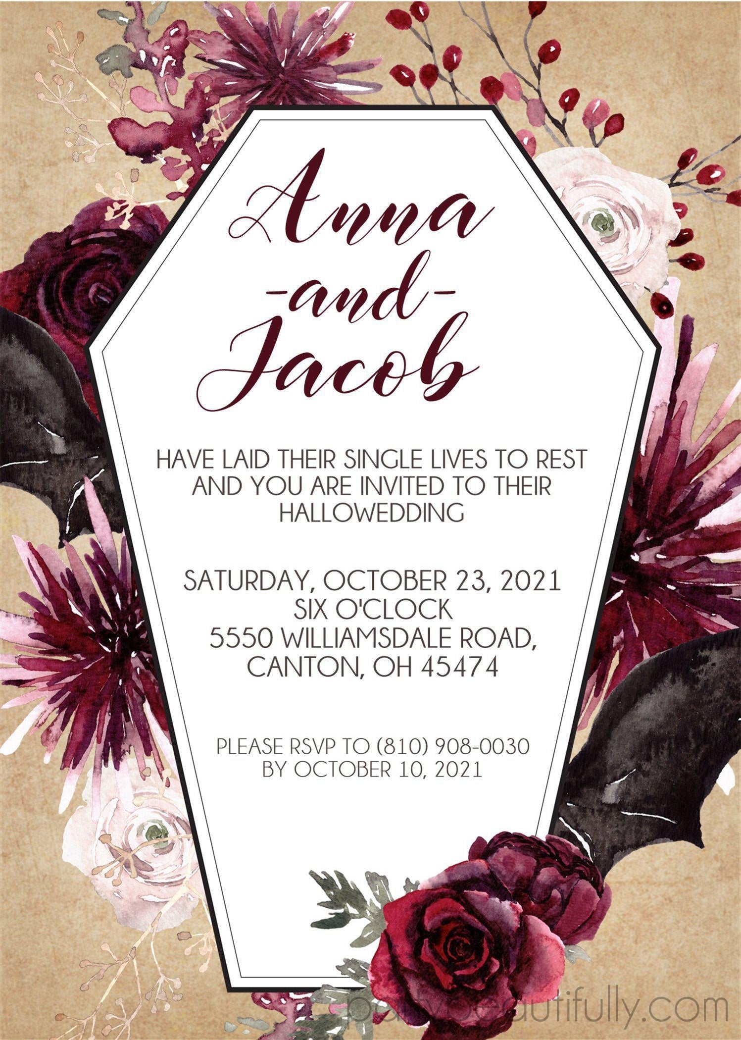 Burgundy And Black Antique Halloween Wedding Invitations