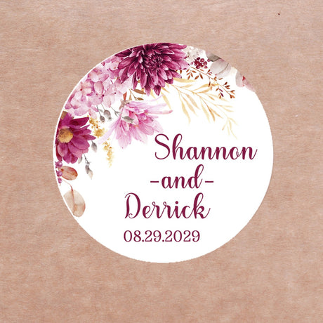 Burgundy and blush floral wedding sticker with personalized names