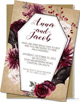 Burgundy floral Hallowedding invitation featuring gothic inspired wedding artwork and greenery accents