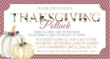 Burgundy floral Thanksgiving dinner invitation with pumpkins and potluck wording