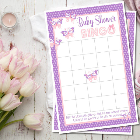 Butterfly baby shower bingo printable PDF game with pink and purple butterfly design