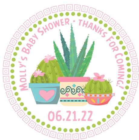 Cactus baby shower sticker with colorful pots and pink accents