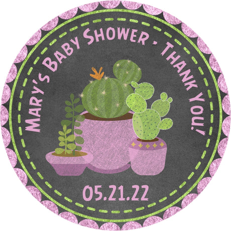 Cactus baby shower sticker with pink accents and succulent pots