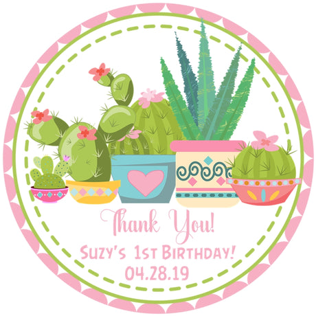 Cactus birthday sticker with succulent plants and decorative pots