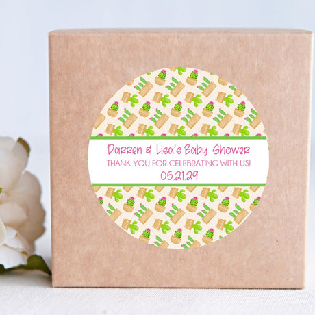 Cactus pattern baby shower stickers with green and tan cacti