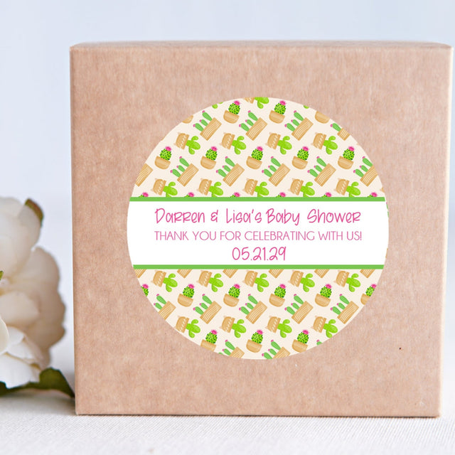 Cactus pattern baby shower stickers with green and tan cacti