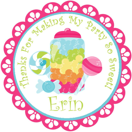 Candy party favor sticker with lollipops and candy jar design