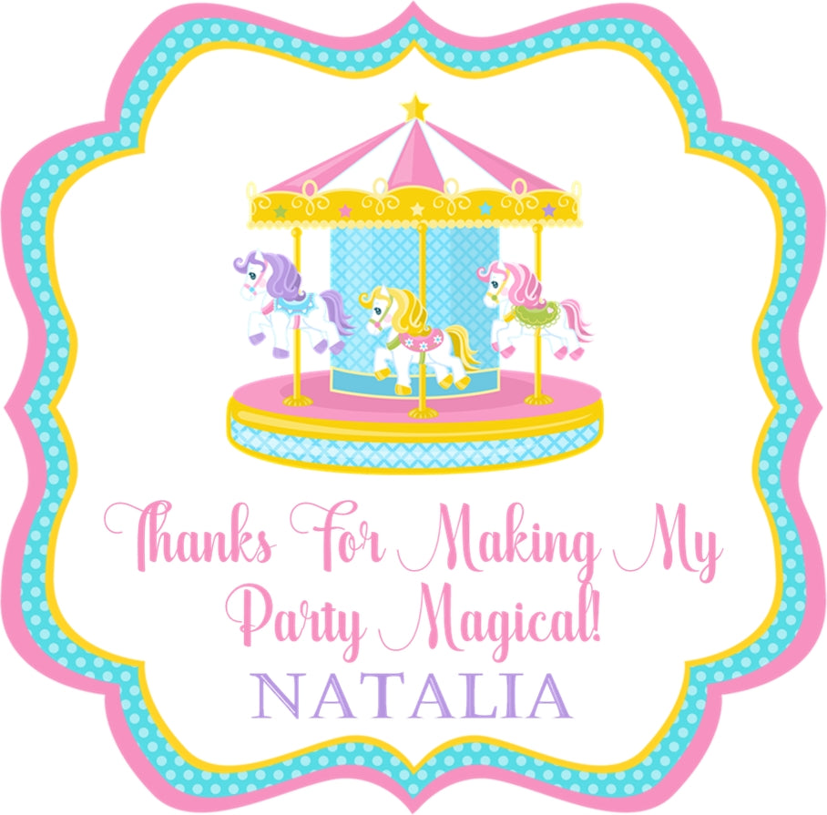 Carnival party favor sticker with carousel horses and soft pastel colors
