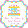 Carnival party favor sticker with carousel horses and soft pastel colors