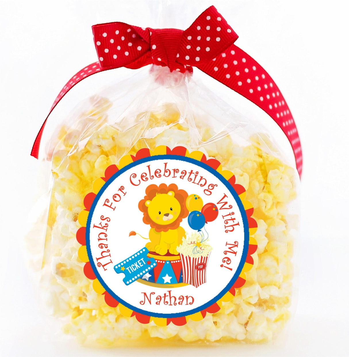 Carnival thank you favor label in bright colors