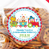 Carnival train birthday sticker in bright colors