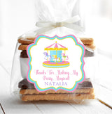 Carousel party favor label in pink pastel theme for girls birthday