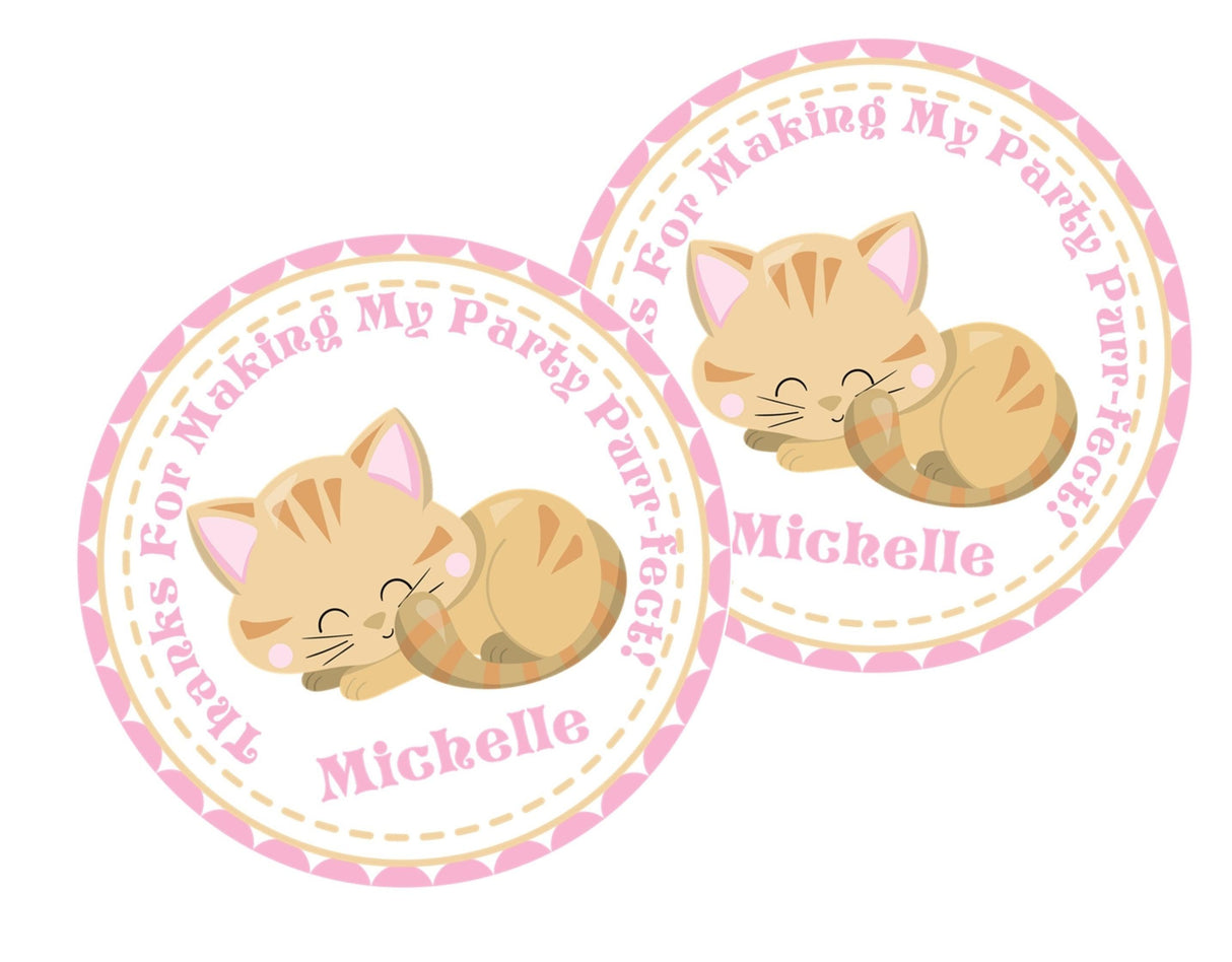 Cat-themed party favor label with curled cat