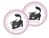 Cat party favor label featuring playful kitten
