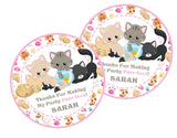 Cat party favor label featuring several kittens