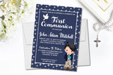 Catholic first communion invitation navy blue