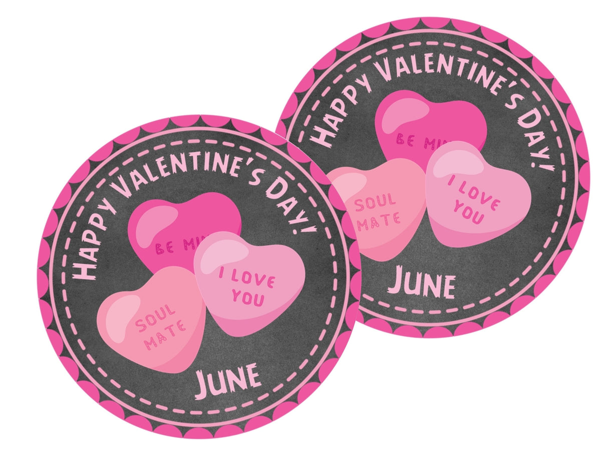 Chalkboard-style Valentine label with candy hearts