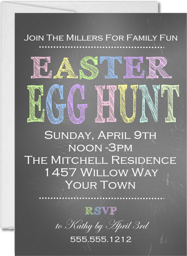 Chalkboard Easter egg hunt invitation with pastel lettering