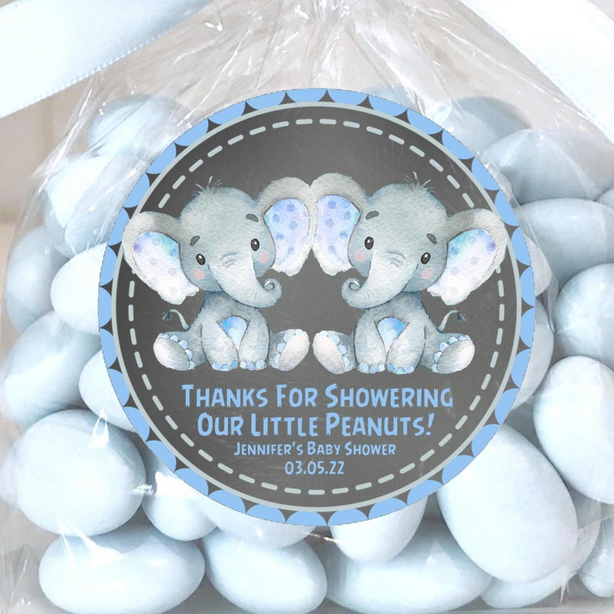 Chalkboard blue elephant twins baby shower stickers