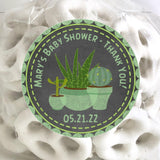 Chalkboard cactus baby shower sticker with green succulents.