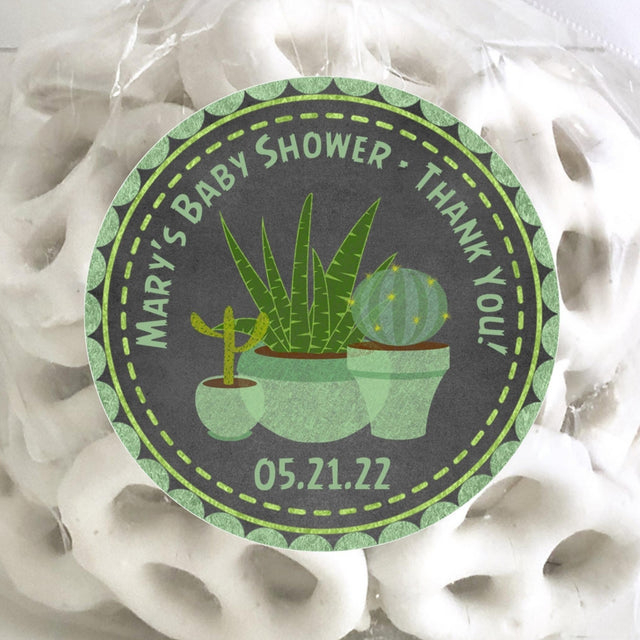 Chalkboard cactus baby shower sticker with green succulents.