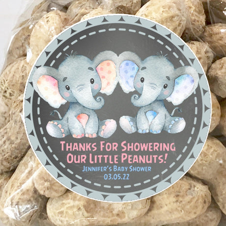 Chalkboard elephant twins baby shower stickers for boy and girl twins