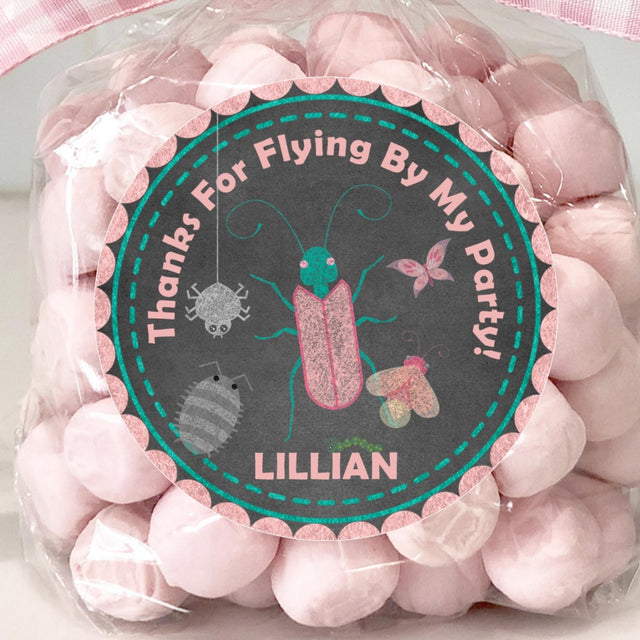 Chalkboard girls bug birthday sticker with pink and teal insects