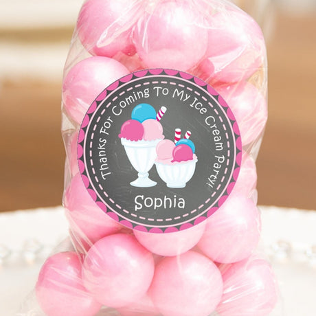 Chalkboard ice cream sundae birthday sticker with pink and blue ice cream bowls