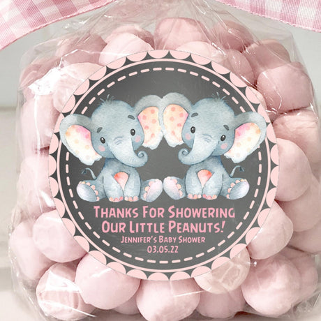 Chalkboard pink elephant twins baby shower stickers
