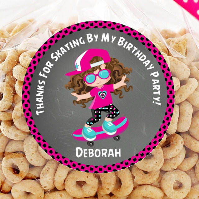 Chalkboard pink skateboard birthday sticker with skater girl