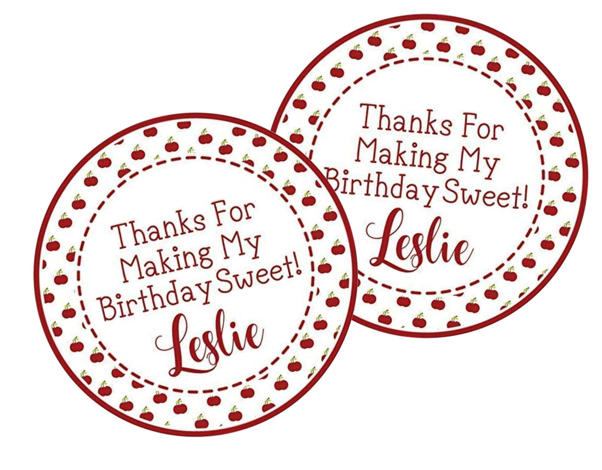 Cherry themed birthday favor label in red and white