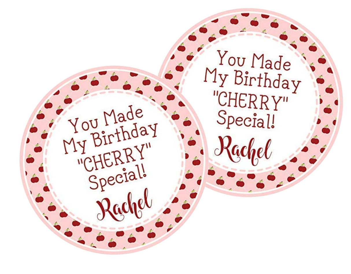 Cherry themed pink party favor label