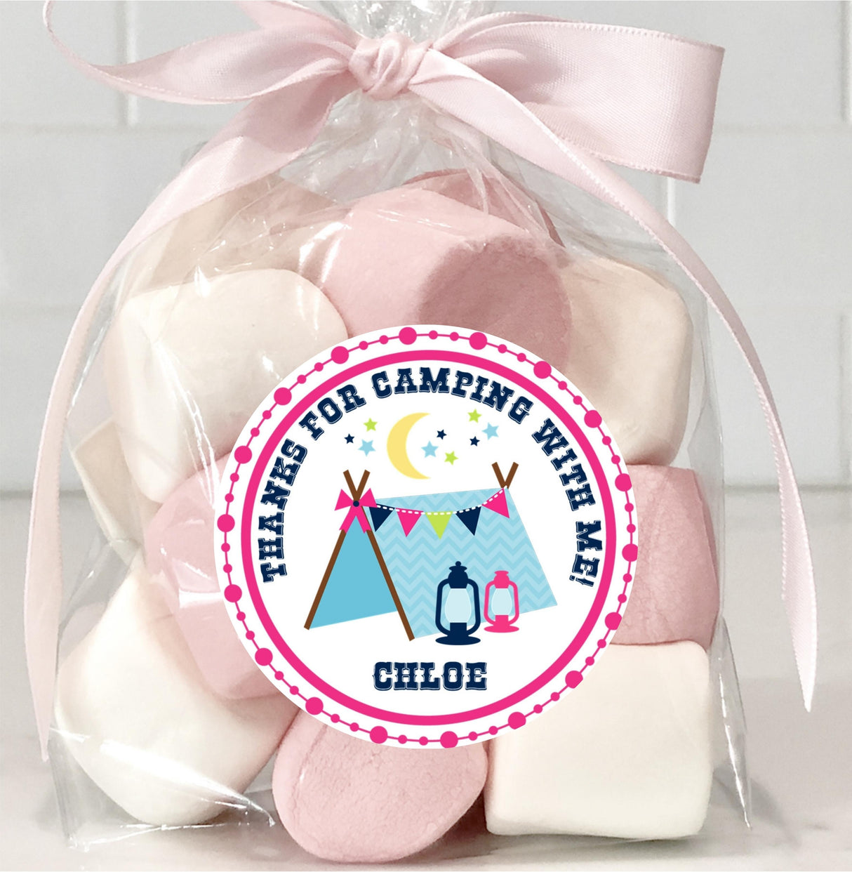 Chevron tent camping birthday design in pink and blue