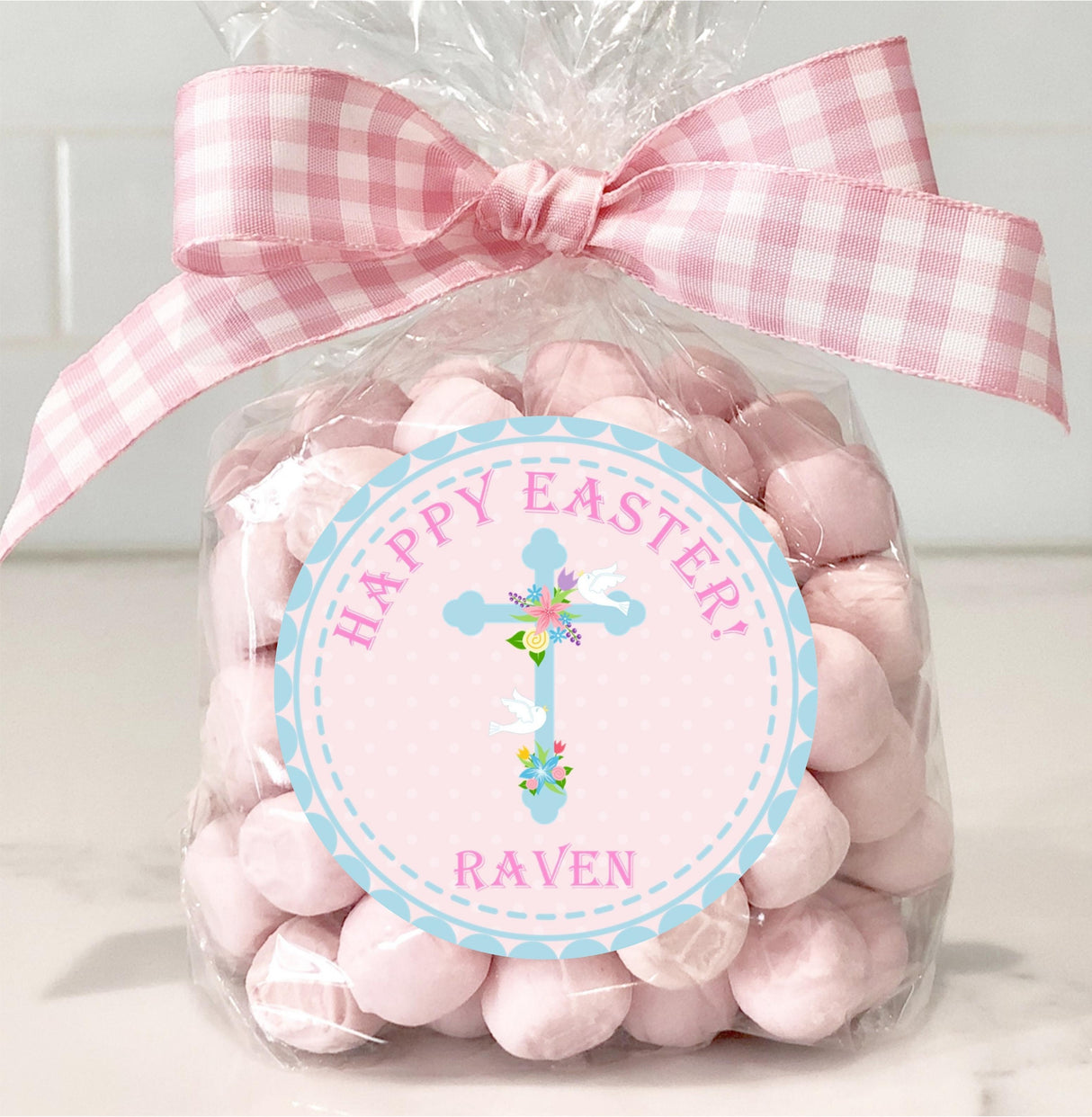 Christian Easter favor sticker with pastel scalloped border