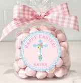 Christian Easter favor sticker with pastel scalloped border