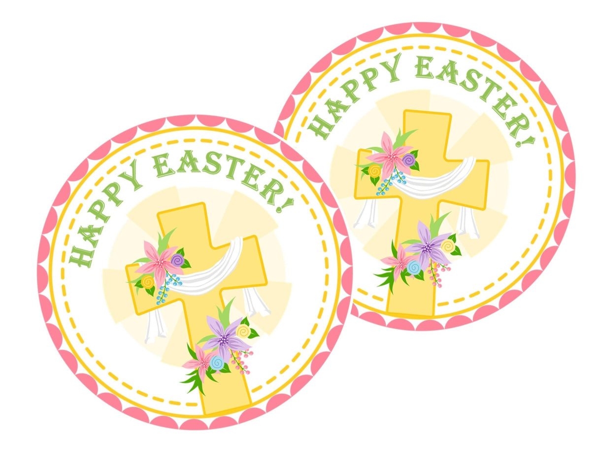 Religious Easter stickers with yellow cross and pastel flowers
