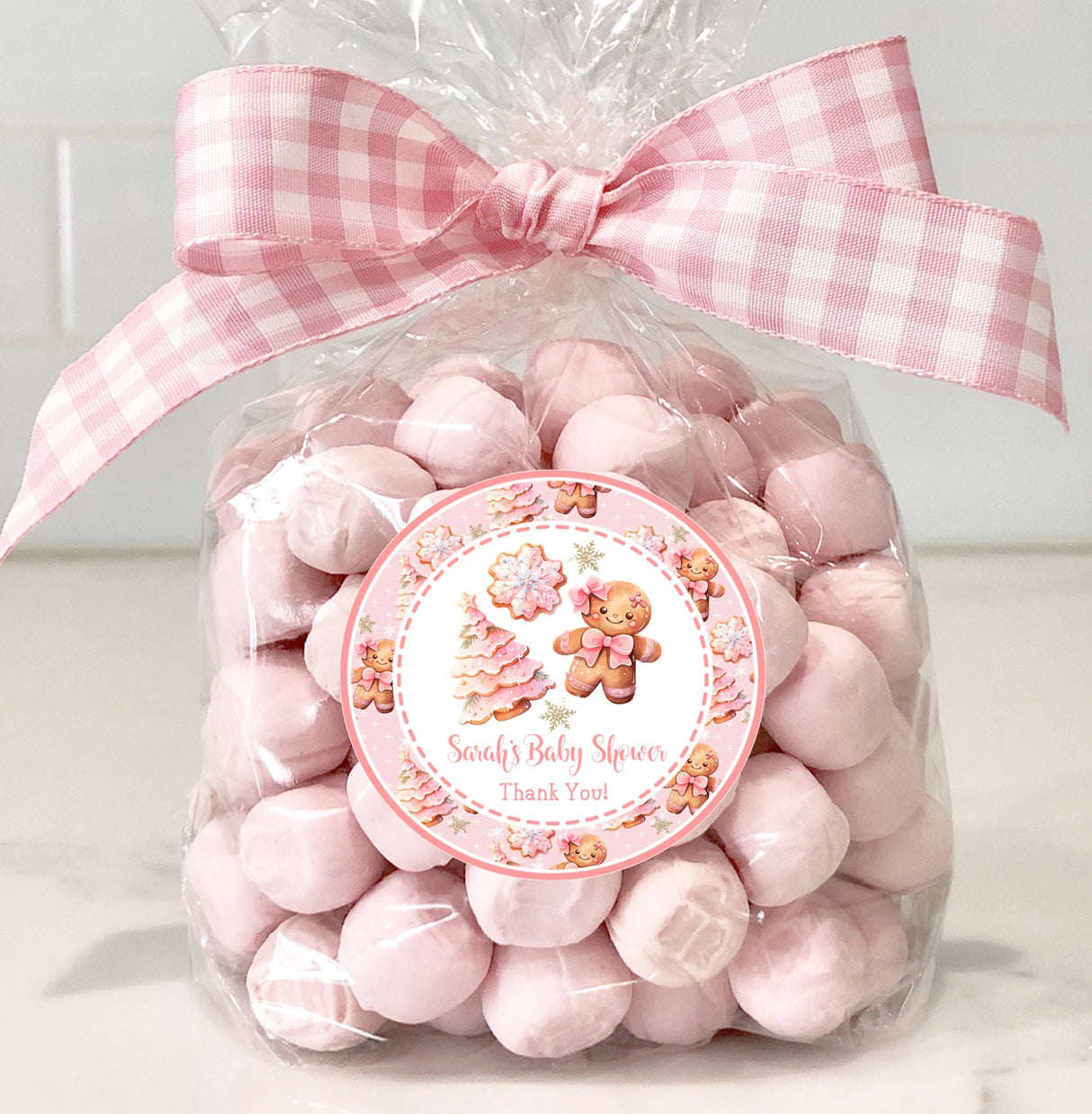 Christmas baby shower favor label in pink