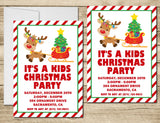 Christmas party invitation with holiday tree, reindeer, and personalized party details