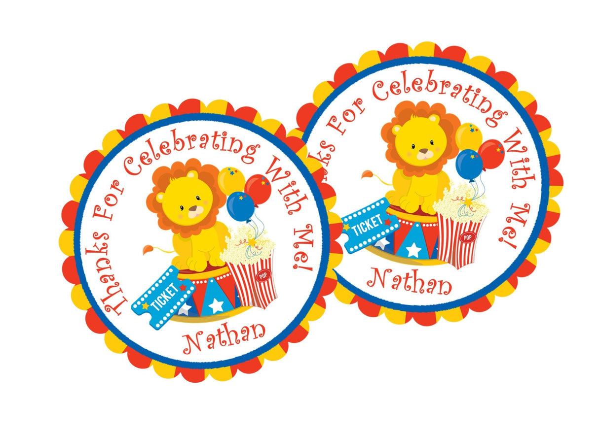 Circus lion birthday sticker with popcorn and balloons