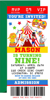 Circus ticket invitation featuring colorful circus tent artwork and admission ticket design