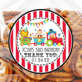 Circus train birthday sticker with lion monkey and clown