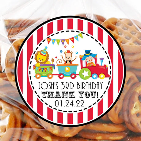 Circus train birthday sticker with lion monkey and clown