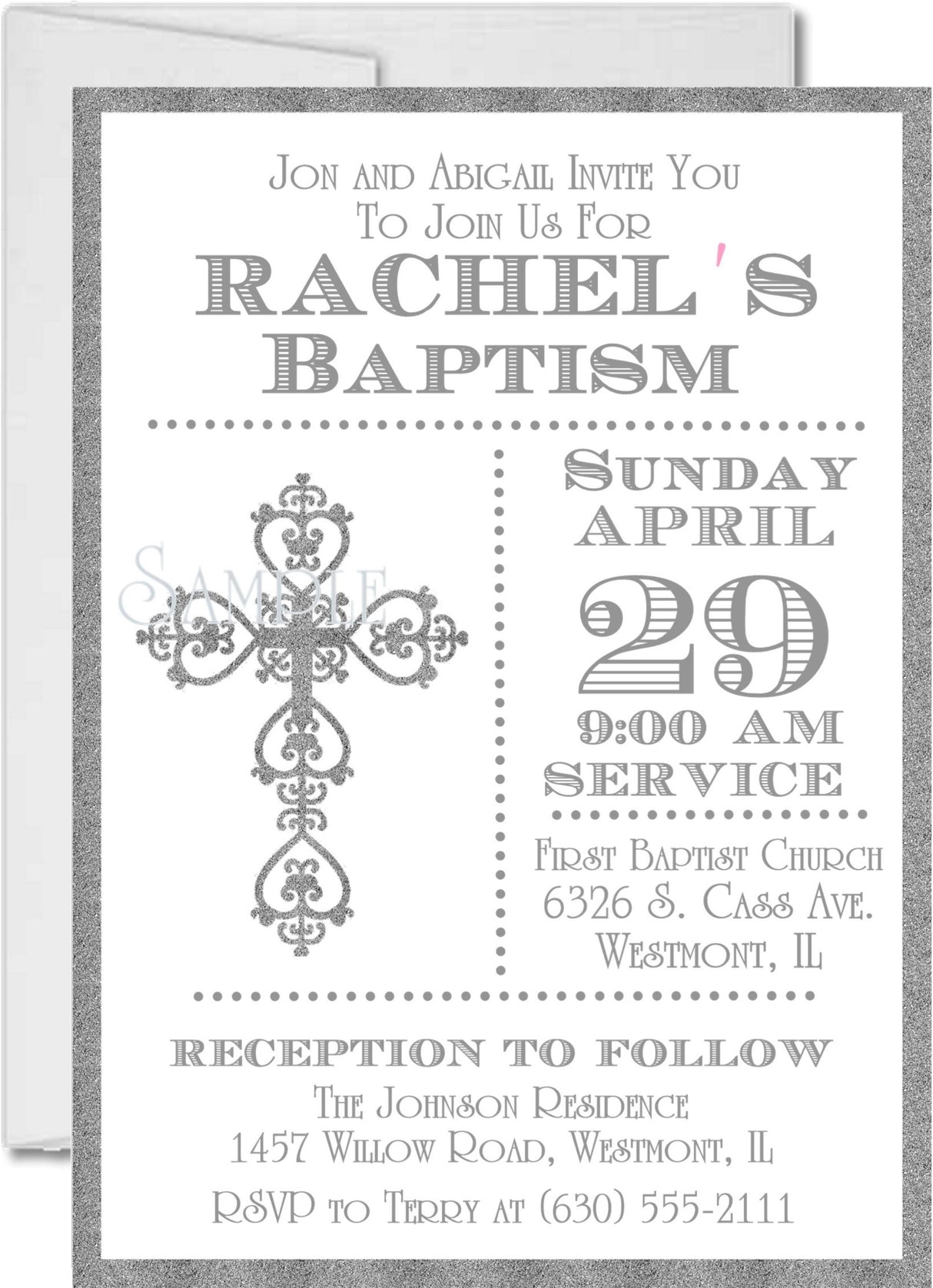 Classic cross baptism invitation in silver design